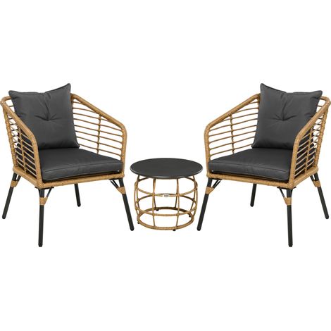 Set bistrot da giardino in polyrattan 3 pezzi con tavolino, 2 sedie e cuscini, colore sabbia (1/5)