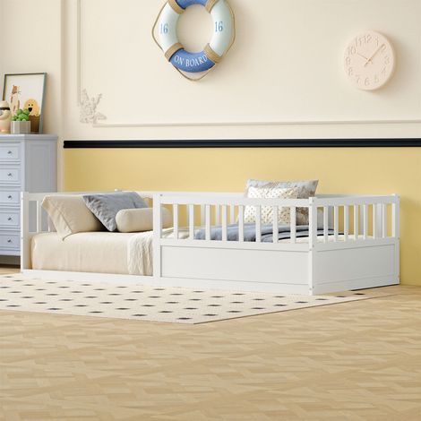 Lit enfant Montessori - 90x200 cm - Barrières de sécurité - Pin massif - Blanc (1/3)