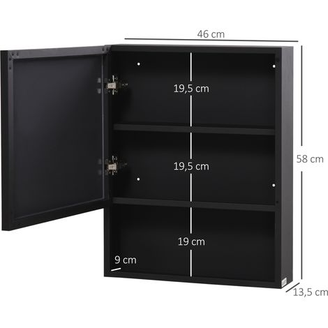 Armoire à miroir, 2 étagères intérieures, compartiment ouvert, structure en acier, noir, 46 x 13,5 x 58 cm (1/5)