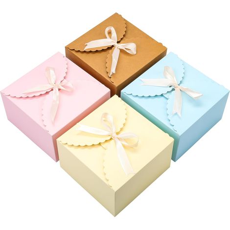 Pack of 20 Empty Square Pastel Scalloped Gift Boxes with Ribbon – 12 x 12 x 9 cm – Small Cardboard Gift Box for Weddings, Parties, Handmade Soaps and Candy