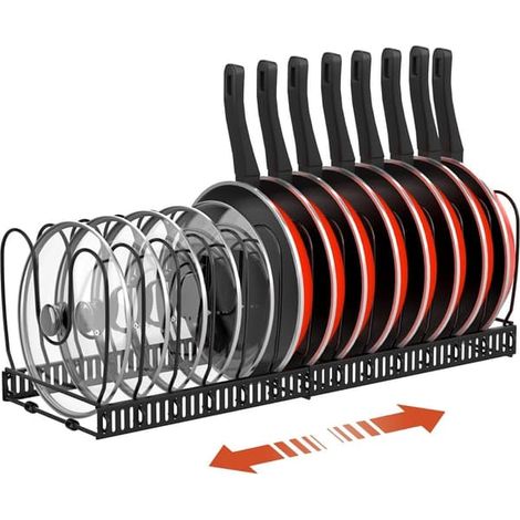 Organisateur de casseroles et poêles pour tiroir de cuisine, avec couvercles et 14 compartiments réglables, noir (1/5)