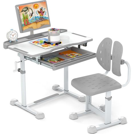 Escritorio y silla ajustables para niños con superficie inclinable, gris