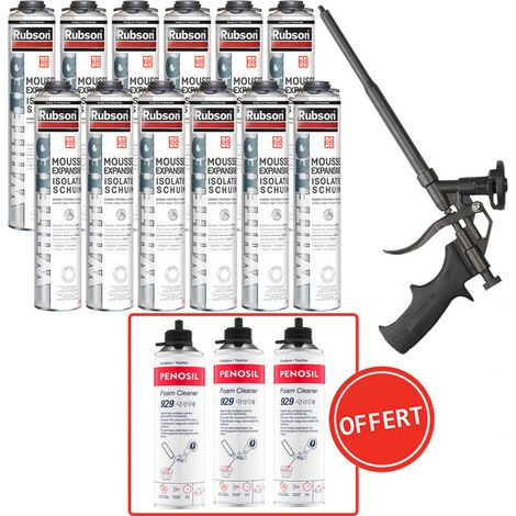 Rubson – Pack de 12 mousses expansives pistolables 750ml – 3 nettoyants mousse PU 500ml – Pistolet manuel pour application précise