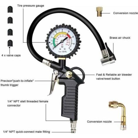 NALOOKAMIC Manometre Pression Pneu, Numérique Manomètre Pneu, Pistolet de Gonflage Manomètre Avec 4 Bouchons de Valve//un Adaptateur de Buse à Air Français//une Tige de Rallonge en Métal de 90 Degrés- (1/3)