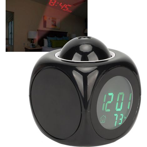 LED-Projektionswecker mit Digitalanzeige, Schlummerfunktion, Sprachansage, Thermostat, USB-Anschluss, Schwarz