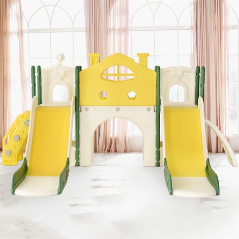 7-in-1 Kinder-Spielanlage, mit Rutsche, Brücke, Treppe, Klettergerüst, Teleskop, Doppelrutschen-Kombi für Kinder Dream City, Grün
