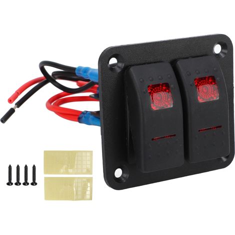 Panneau d'interrupteurs à bascule, 2 boutons marche/arrêt, LED rouge pré-câblée 12V 24V 20A 10A avec étiquettes de véhicule marin. (1/5)