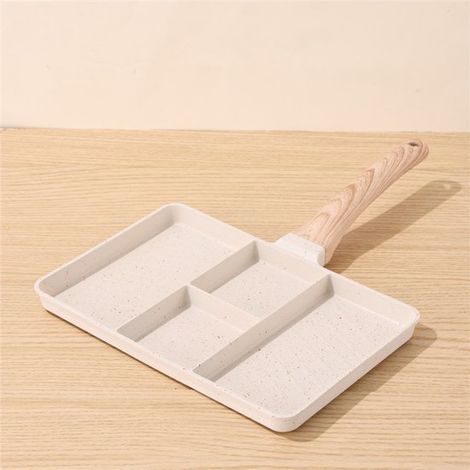 Pentola per la colazione a 4 scomparti con rivestimento antiaderente effetto marmo, padella multifunzionale per uova, pancetta e bistecche, con manico effetto legno, bianca (1/5)
