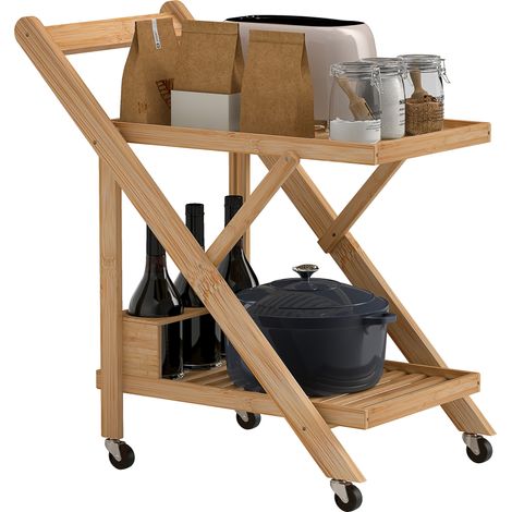 Carrello da Cucina Portavivande Pieghevole 66x40x70 cm a 2 Livelli con Portabottiglie in Legno di Bambù (1/5)