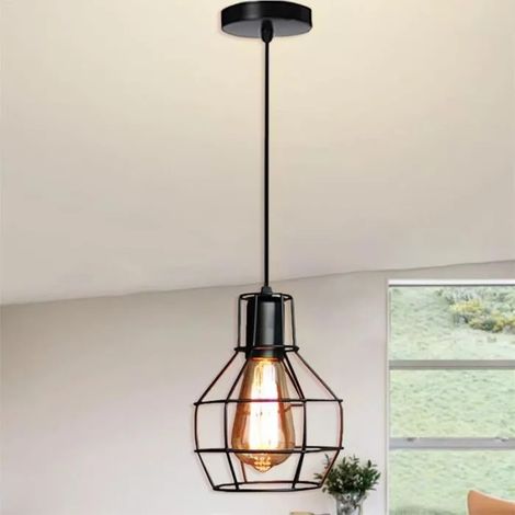U-Do Lustre Suspension Réglable style Vintage Lampe Abat - Jour Cage en Fer Noir E27 40W pour Salon Cuisine (1/4)