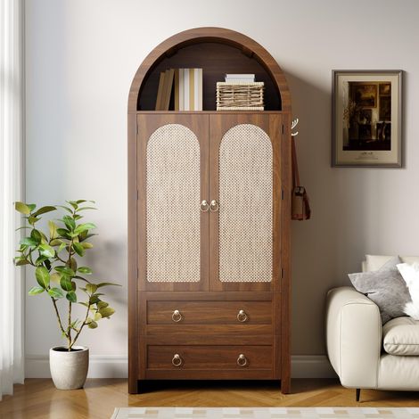 Armoire rotin arche, Buffet de rangement avec 2 tiroirs et portes, buffet haut style vintage bohème pour salon et chambre, Marron (1/5)
