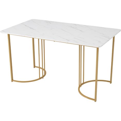 Table à manger rectangulaire 140 x 80 cm, plateau effet marbre et pieds en métal, blanc et doré (1/5)