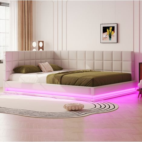 DESVIAE Canapé lit capitonné multifonction 160 x 200 cm avec bande lumineuse LED prise USB et sommier à lattes beige (1/5)