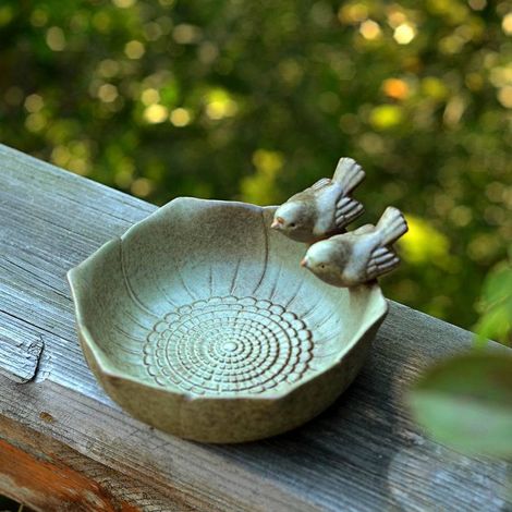 Bain pour oiseaux rond avec deux oiseaux décoratifs en céramique, non poreux (1/5)
