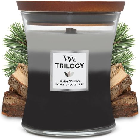 WoodWick Trilogy candela profumata a clessidra media con Pluswick Innovation, Legno caldo (1/5)
