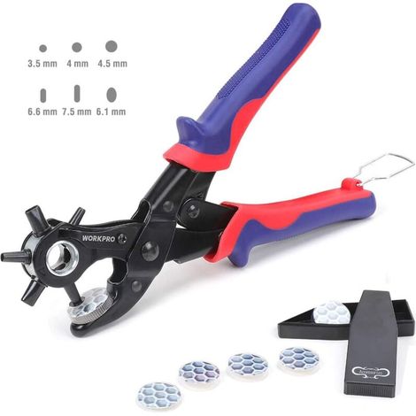 – Pince emporte-pièce 6 tailles de perforation – Acier A3 – Poignée ergonomique antidérapante – Pour cuir, tissu, plastique, papier (1/5)
