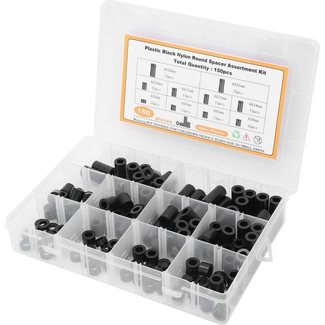 Assortiment de 150 entretoises rondes en nylon noir pour vis et quincaillerie (1/5)