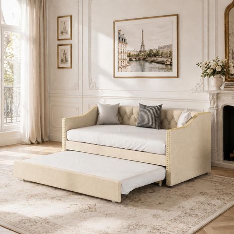 Canapé-lit gigogne 90x200 cm, Lit banquette d'appoint pour chambre d'amis ou salon, design capitonné & rivets, sommier à lattes, Beige (1/5)