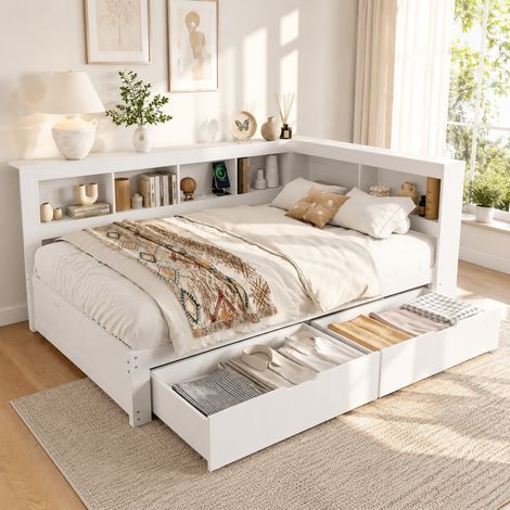 Schlafsofa 140x200 cm Weiß aus MDF und Kiefernholz mit Steckdose, 2 USB-Anschlüssen und Stauraum (1/5)