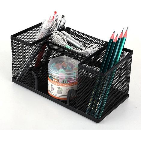 Portapenne con 6 scomparti e 1 cassetto, organizer da scrivania, in metallo, rete metallica, blu (1/5)