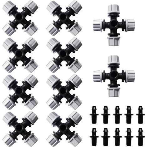10 Pieces Atomise 4 Way Nozzle, Plastic Cross Atomization Nozzle, Gardening Greenhouse Atomization Micro Nozzle with Barbed Connector, for Garden, Lawn, Grey (1/5)