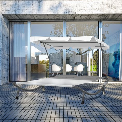 Transat double 2 places avec parasol réglable pour extérieur et jardin 200 x 175 x 134 cm Crème