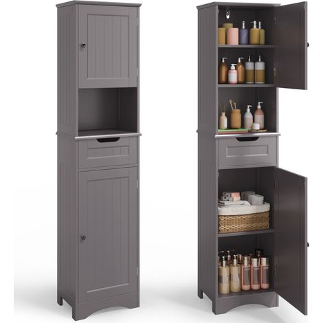 Columna de Baño Bealife Mueble de Acomodo Gris sobre Patas Armario Alto 2 Puertas 1 Cajón 5 Repisas Regulables