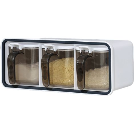 Boîte À Épices Avec Couvercle Et Cuillère - Rangement Murale Sans Perçage Pour Sel Sucre Poivre - Lot De 3 Contenants Transparent En Plastique PP+PC (1/5)