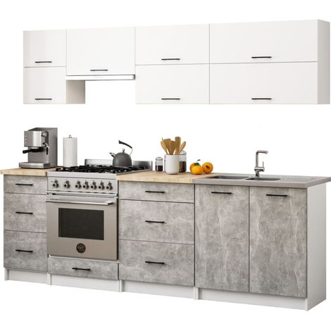 Conjunto de cocina AKORD OLIWIA G2 24m Blanco 240 cm 10 puertas 6 cajones frente en color Gris Hormigón 9 estantes 240x46x203 cm (1/5)