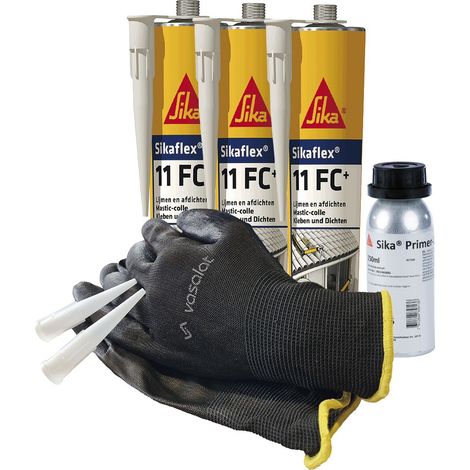 Sikaflex 11 FC betongrau 3x 300ml mit Primer 207 und 5x Düsenspitzen - ideal für die Verklebung von Aluminium und Stahl
