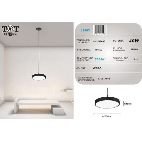 Lampadario a sospensione led 40W nero cerchio tondo design moderno minimal Bianco freddo
