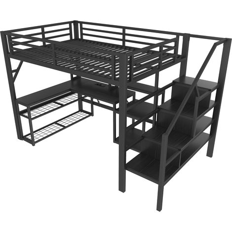 Lit mezzanine 140x200 cm, structure métallique, étagère, escalier avec rangement, garde-corps, LED, bureau, USB, noir, matelas non inclus (1/5)
