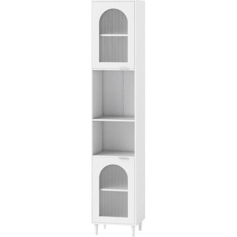 Meuble de salle de bain haut avec 2 portes en verre cannelé, meuble autoportant fin avec étagères réglables pour cuisine - blanc (1/5)