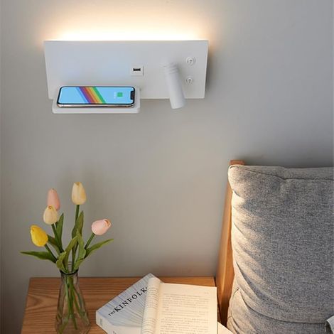 Applique Murale à Chargement Sans Fil, Rotative USB Pour Chambre à Coucher, Lampe De Lecture, Interrupteur D'étude, Applique Pour Rénovation Intérieure D'Hôtel (Blanc Sans fil droit) (1/5)