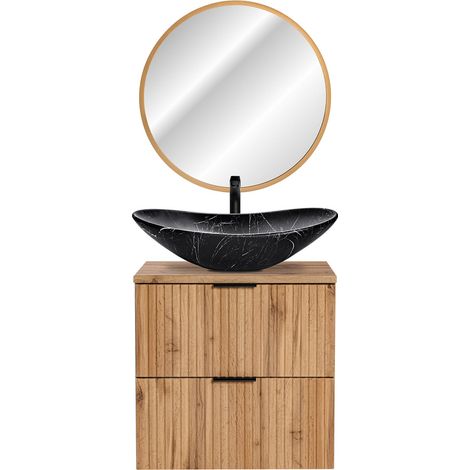 Badmöbelset Wotaneiche Rillenoptik Keramik Waschtisch, LED-Spiegel gold, B/H/T 61,5/200/46,5 cm (1/5)