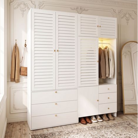 Armadio guardaroba bianco 180 x 50 x 200 cm con LED, cesto biancheria e 6 cassetti - CHICFURN (1/5)