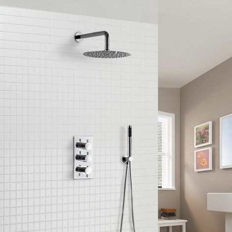 Calla Concealed Slim Overhead Shower Head 3 Dial Thermostatic Valve And Pencil Handset (1/5)