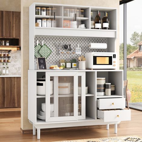 Buffet haut 180 cm, meuble de rangement vaisselier 4 portes coulissantes verre strié panneau perforé 2 tiroirs, pour cuisine salle à manger, blanc (1/5)