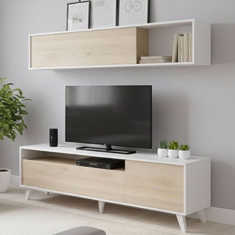 Dmora - Pared Equipada Tambo, Composición de la sala de estar, Muebles de salón multiusos, Gabinete de TV, 180x41 h180 cm, Blanco y Roble (1/4)