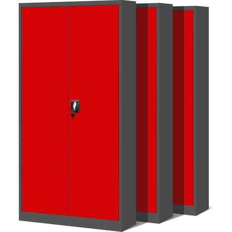3er Set Aktenschrank C001H Büroschrank Metallschrank Stahlschrank Werkzeugschrank Stahlblech Pulverbeschichtet Flügeltürschrank Abschließbar 195 cm x 90 cm x 40 cm (anthrazit/rot) (1/5)
