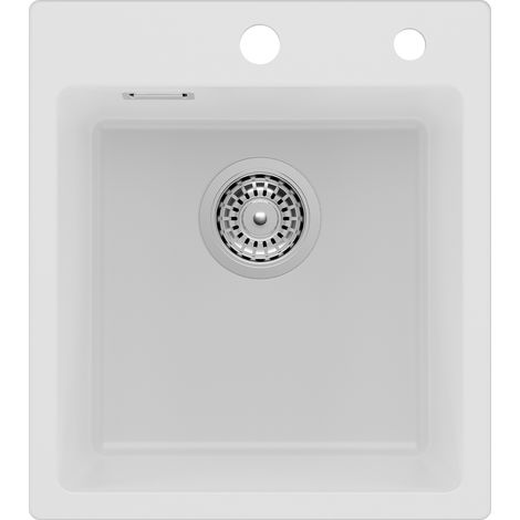 Fregadero de granito de 40 x 45 cm, fregadero de granito blanco, fregadero pequeño de cocina de granito, fregadero de encastre con sifón, desagüe y rebosadero