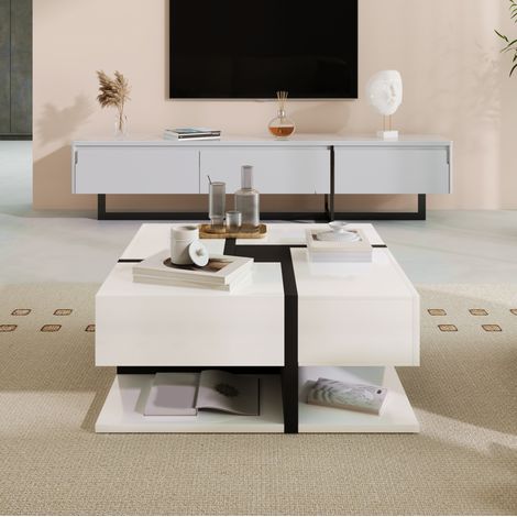 Table basse carrée brillante 78 x 78 x 36 cm avec 4 tiroirs et étagère basse, blanc et noir HAVRYA (1/5)