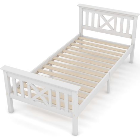 Lit simple en bois avec cadre de lit et sommier à lattes, lit en bois avec tête de lit - 90 x 200 cm, bois massif, lit enfant, lit ado, pin massif, blanc