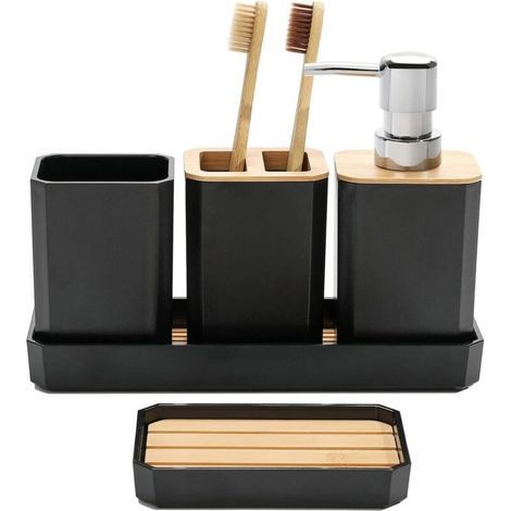 Ensemble d'accessoires de salle de bain 5 pièces – Distributeur de savon en bambou – Support brosse à dents – Décoration moderne noire (1/5)