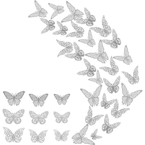 Lot de 36 stickers muraux papillons en relief, amovibles et repositionnables, parfaits pour une fête.-Silver (1/5)
