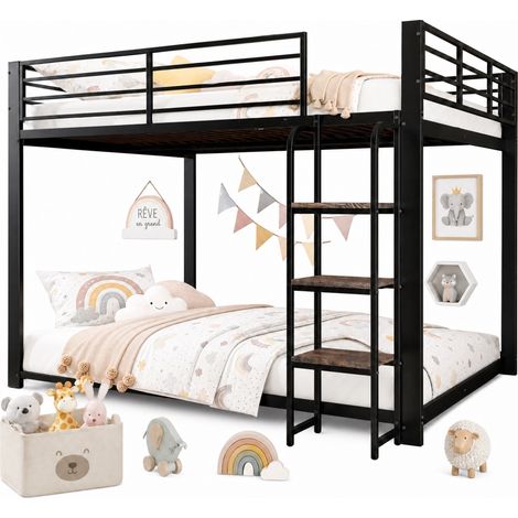 Lit superposé 140x200 cm en métal avec étagère et marches larges en MDF, sécurité renforcée pour enfants et ados, idéal chambre partagée, noir - CHICFURN (1/5)