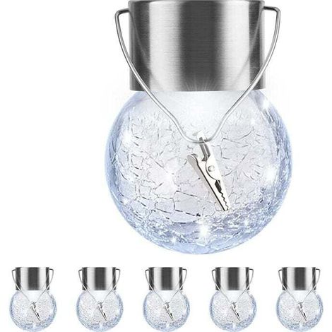 Lot De 6 Lampes Solaires À Suspendre Pour Extérieur, Lanterne Solaire Étanche Avec Poignée Et Clip, Boules Décoratives En Verre Fissuré Pour Décoration De Noël, Arbre, Cour, Jardin (1/4)