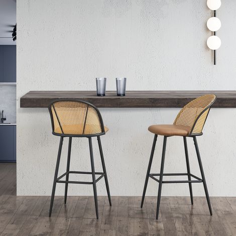 Set de 2 taburetes de bar Gausdal polipiel / metal / ratán 102 x 44 x 63 cm - Marrón y negro [en.casa] (1/5)