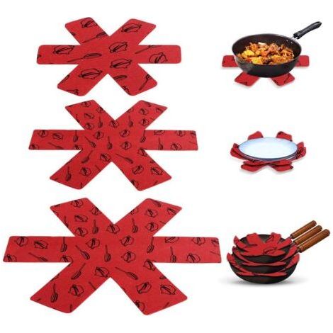 Protection Casseroles et Protège-Poêle, 15 Pcs Feutre Rembourré Imprimé Premium Coussinets D'intercalaire Séparé et Protéger les Surfaces de Ustensiles de Cuisine pour Eviter les Rayures (Rou (1/5)