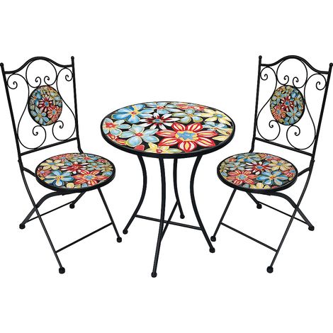 SET ESTERNO GIARDINO TAVOLO E 2 SEDIE CON INSERTI IN CERAMICA MODELLO "ANTIBES"